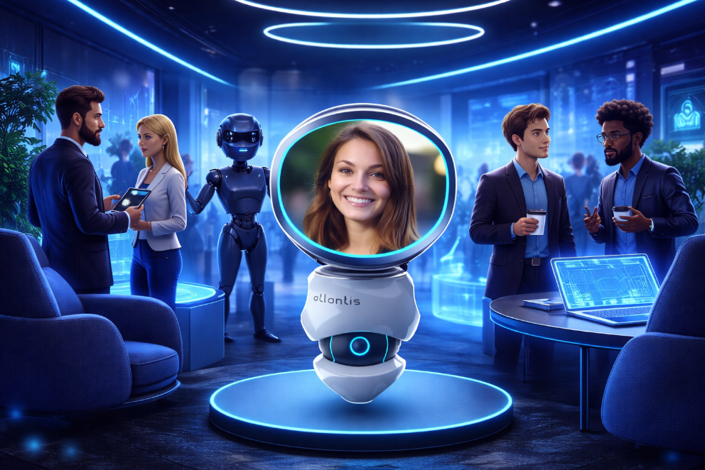 Équipe d'avatars ATLANTIS en session de networking dans un environnement futuriste