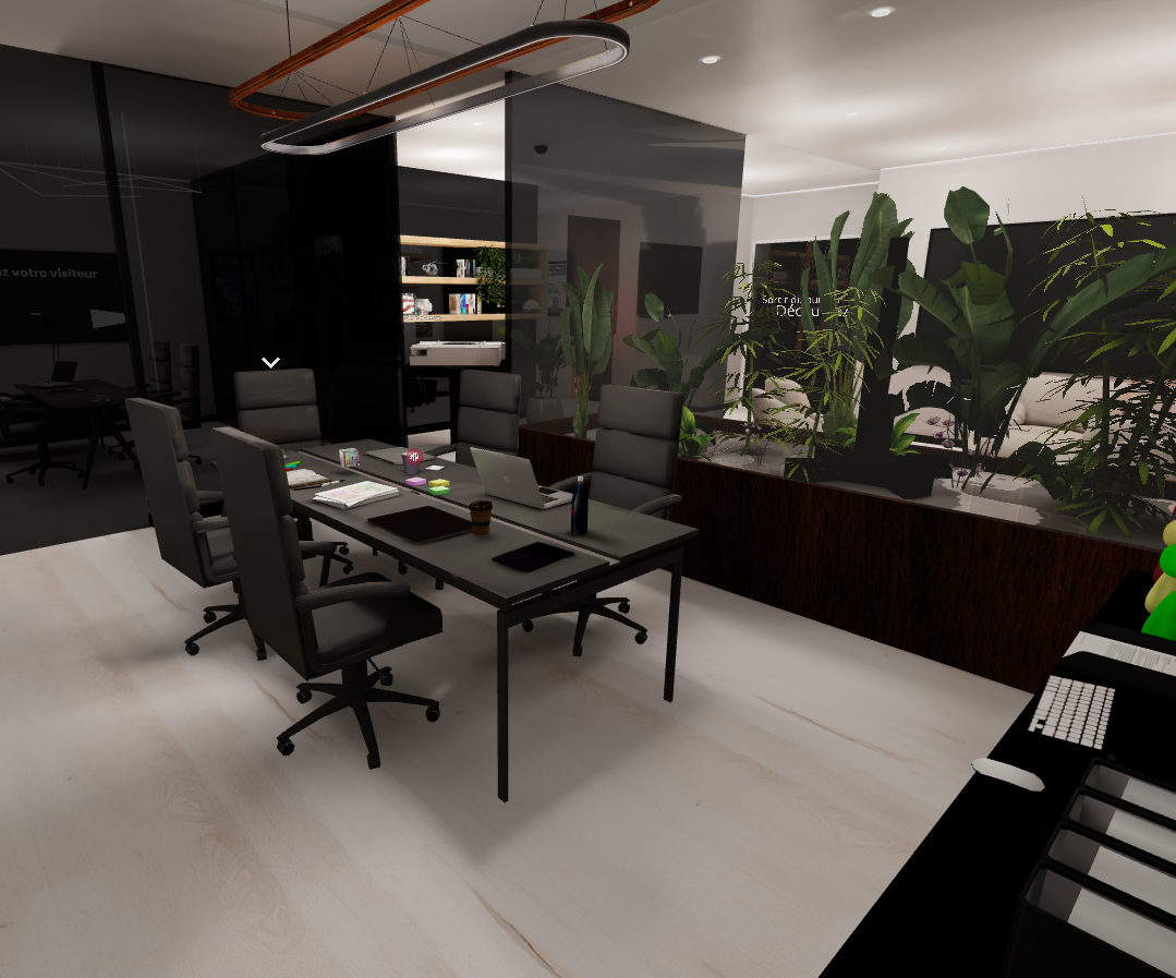 Bureau de direction virtuel avec plantes et laptop