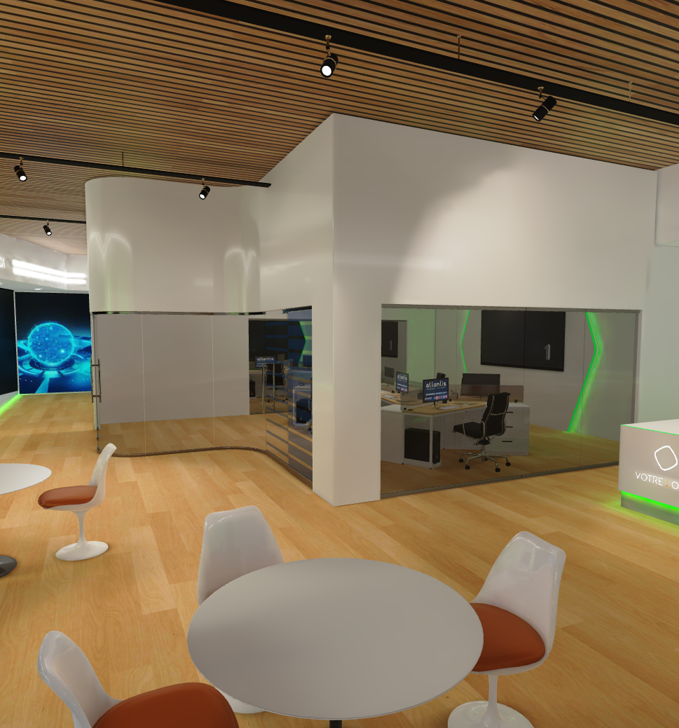 Showroom avec table de réunion et hologramme néon